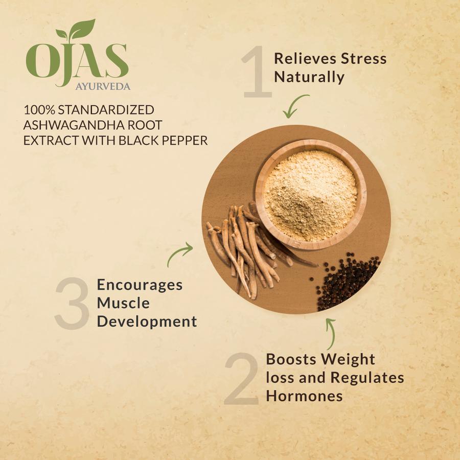 Ojas Ashwagandha Root with Black Pepper Extract (500 mg capsules | 30 Capsules per box)