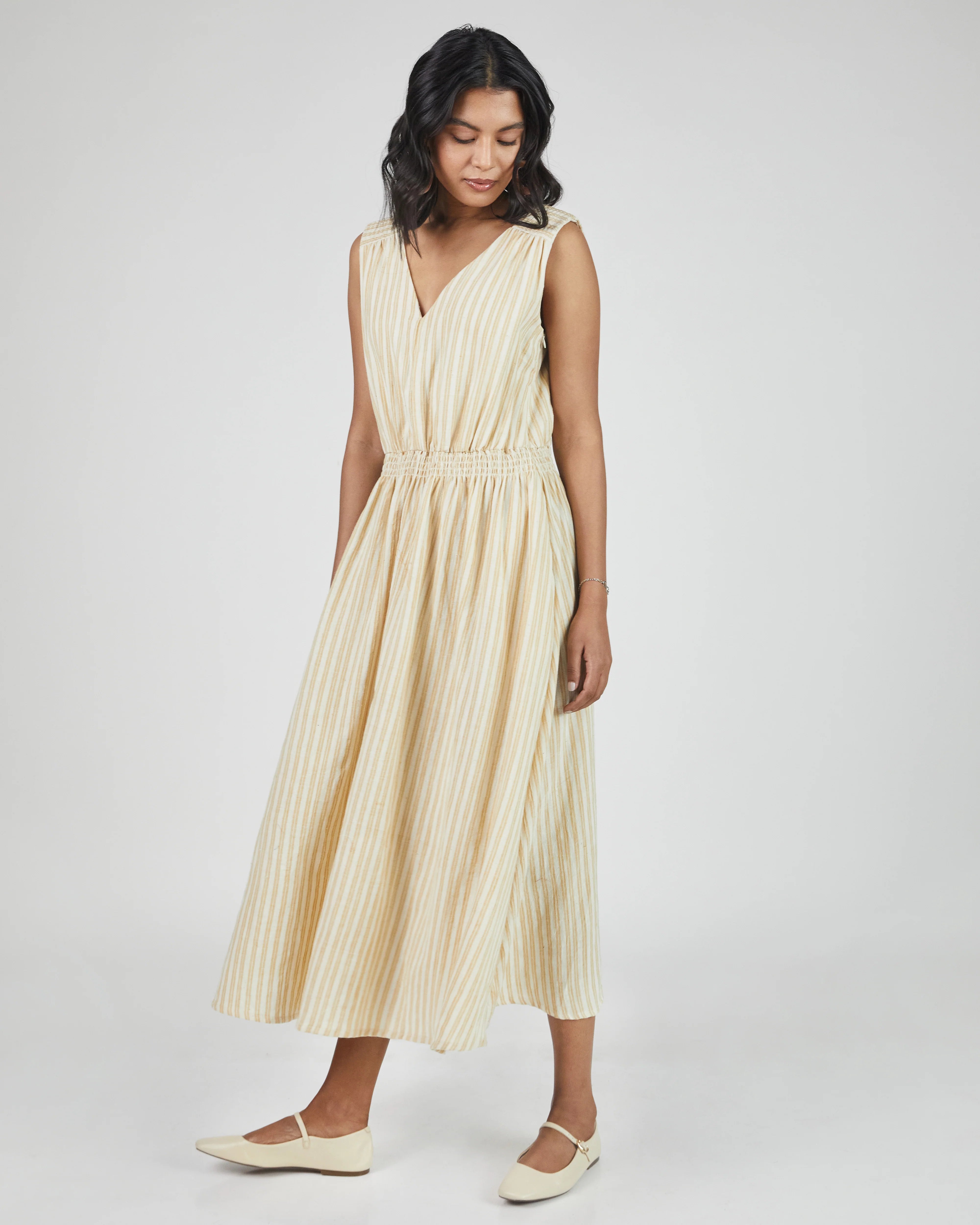 Umber & Ochre Eesha V Dress in Yellow Stripes