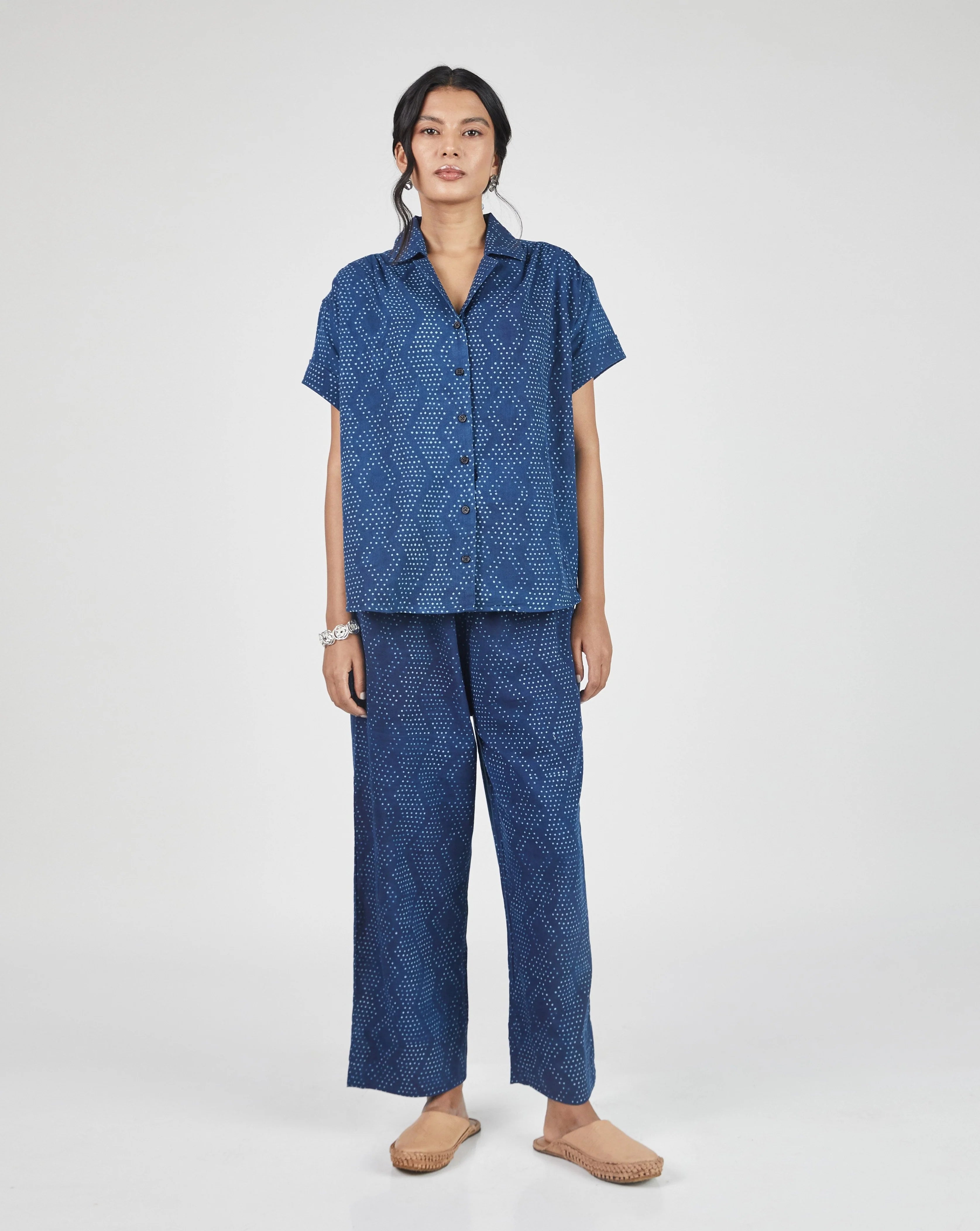 Umber & Ochre Meera SS Button Down Shirt Dot Print Indigo