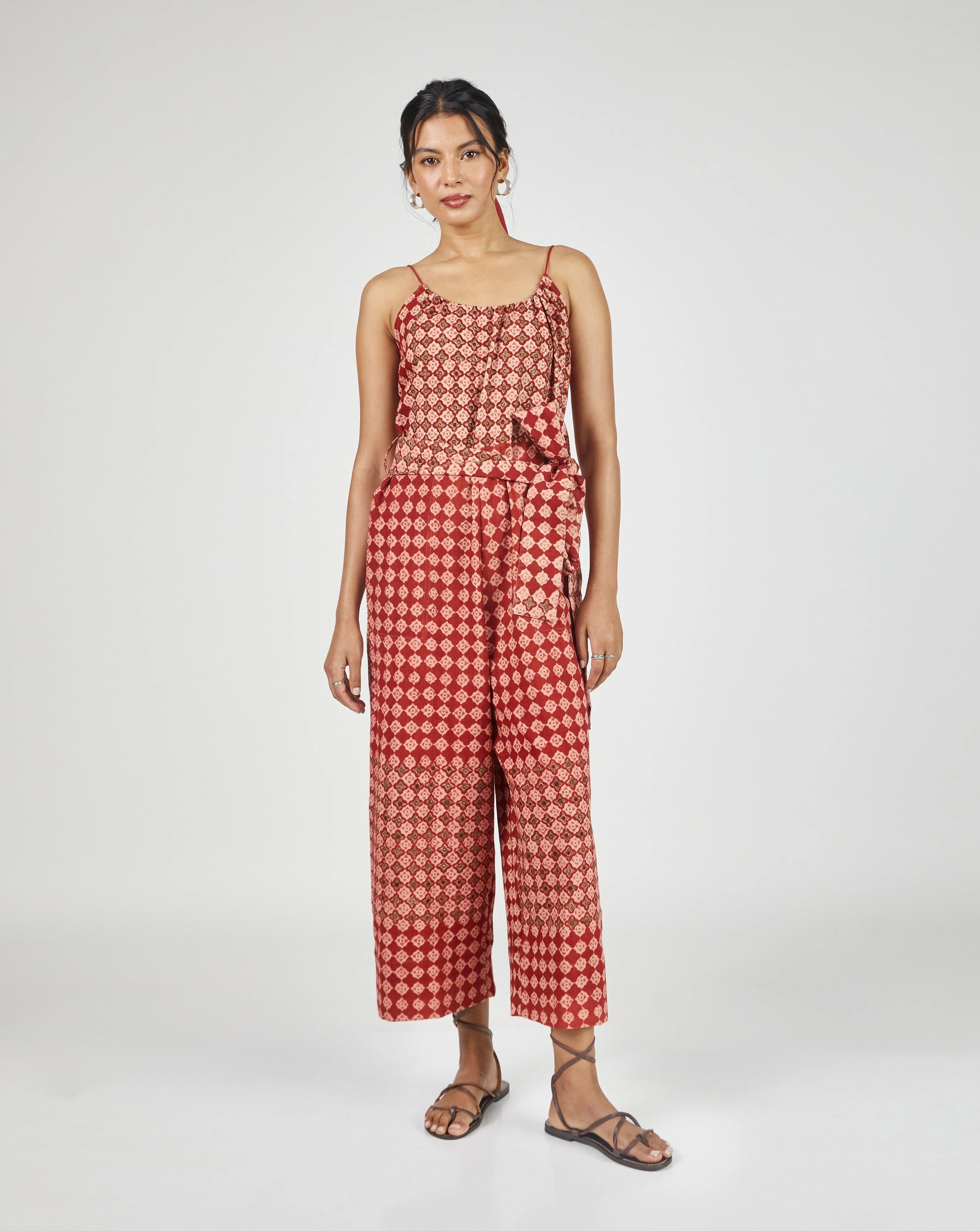 Umber & Ochre Lila Jumpsuit in Engineered Tile Block Print Madder