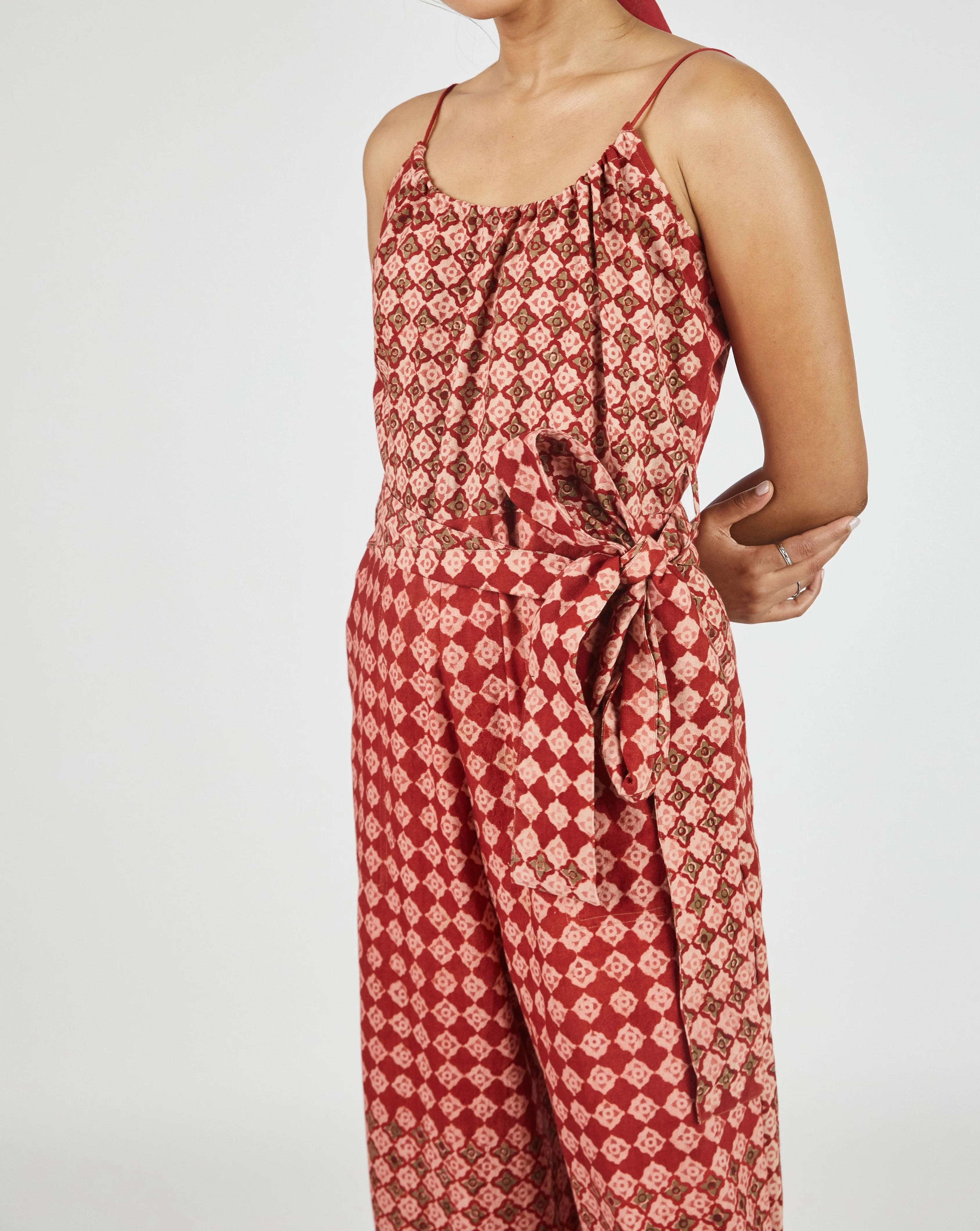 Umber & Ochre Lila Jumpsuit in Engineered Tile Block Print Madder
