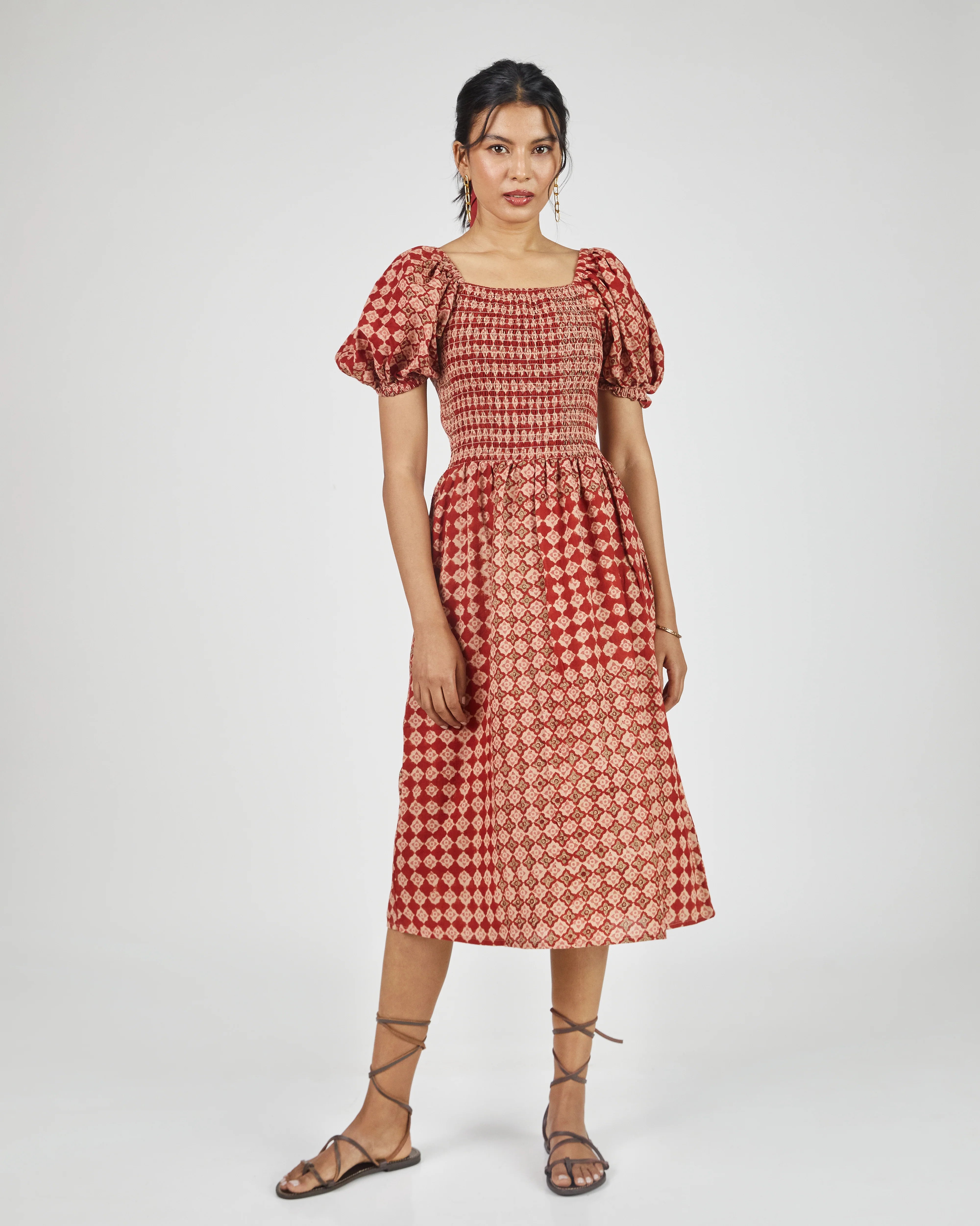 Umber & Ochre Anika Dress in Engineered Tile Print Madder
