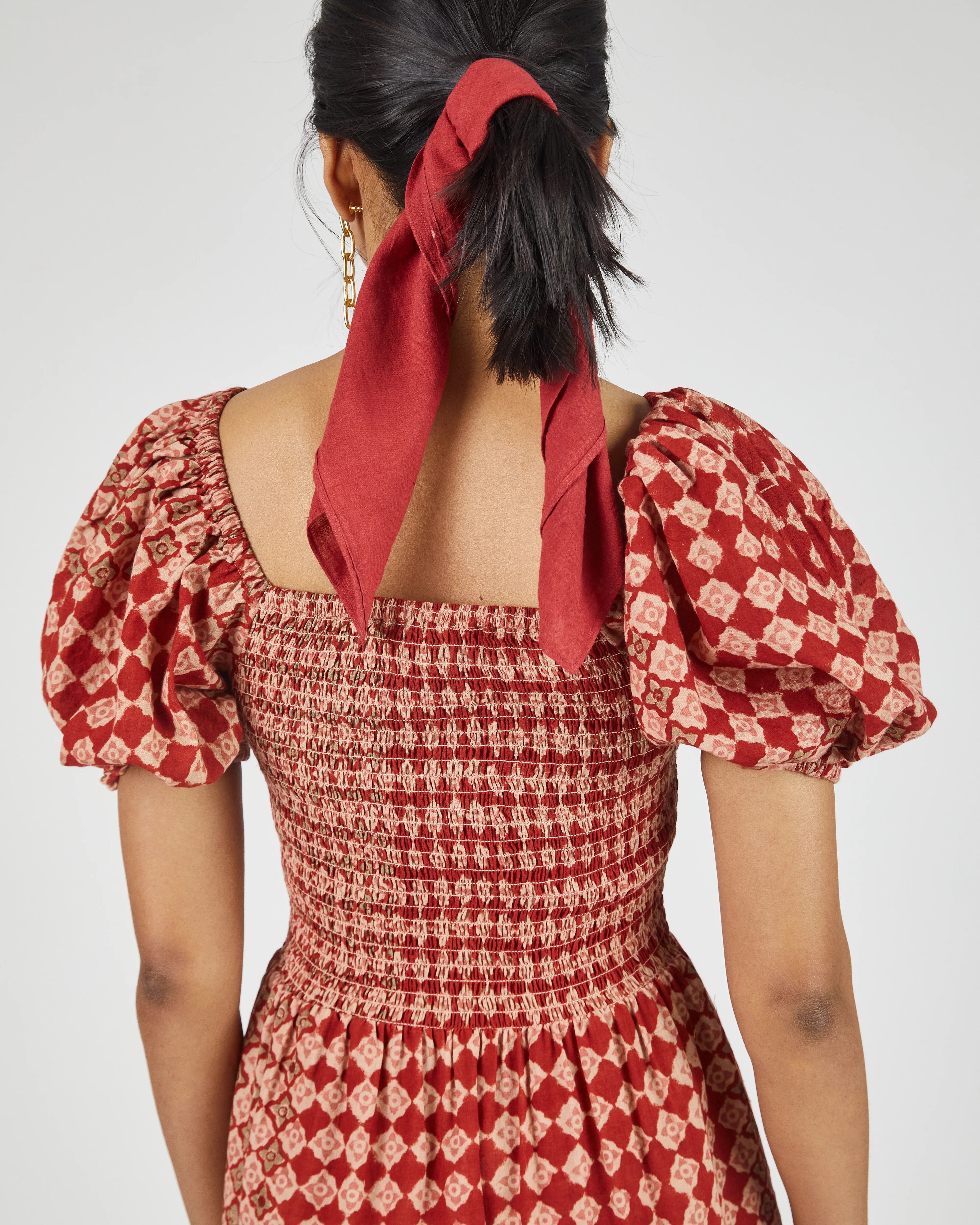 Umber & Ochre Anika Dress in Engineered Tile Print Madder