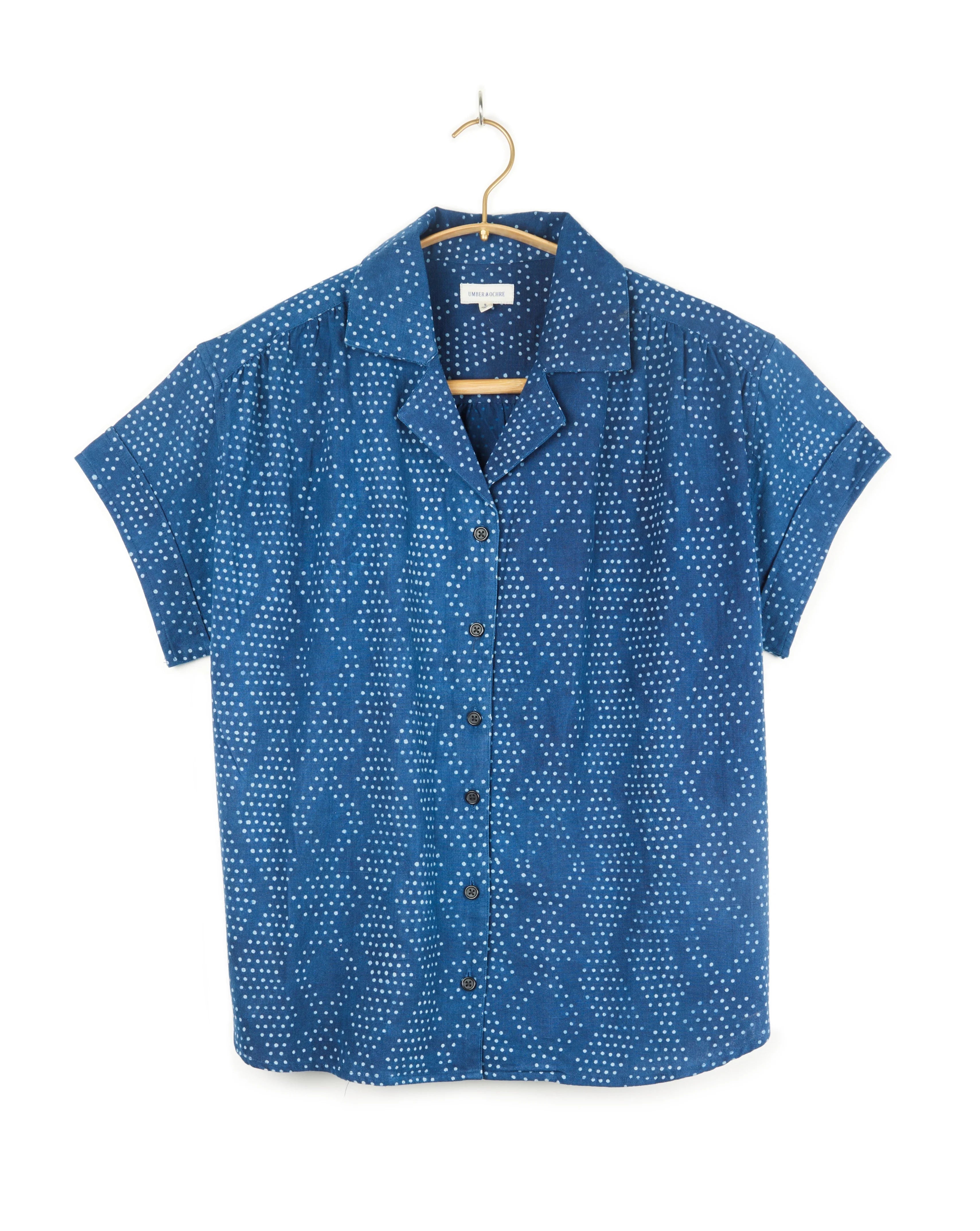 Umber & Ochre Meera SS Button Down Shirt Dot Print Indigo